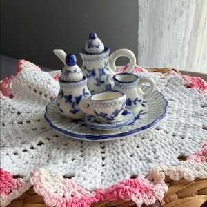 Vintage Blue and White Porcelain Tiny Mini Tea Set